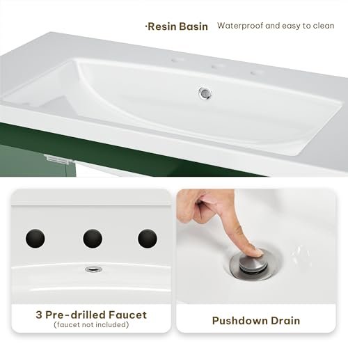 DWVO 36 Inch Bathroom Vanity with Sink Combo, Modern Bathroom Storage Cabinet with Resin Basin, Three Holes, 2 Doors & 3 Drawers, Green