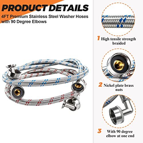 【UPGRADED】4FT Stainless Steel Washer Hoses with 90 Degree Elbows by Beaquicy - 2 Pack No-Lead Burst Proof Hot & Cold Water Connection Inlet Washer Supply Lines