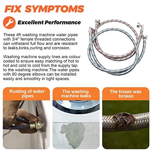 【UPGRADED】4FT Stainless Steel Washer Hoses with 90 Degree Elbows by Beaquicy - 2 Pack No-Lead Burst Proof Hot & Cold Water Connection Inlet Washer Supply Lines