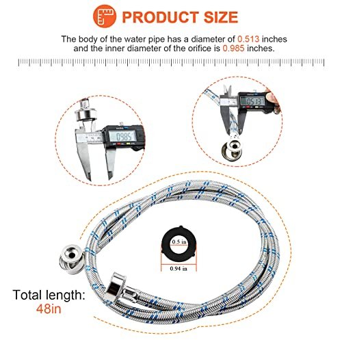 【UPGRADED】4FT Stainless Steel Washer Hoses with 90 Degree Elbows by Beaquicy - 2 Pack No-Lead Burst Proof Hot & Cold Water Connection Inlet Washer Supply Lines