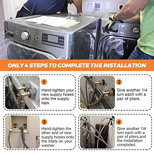 【UPGRADED】4FT Stainless Steel Washer Hoses with 90 Degree Elbows by Beaquicy - 2 Pack No-Lead Burst Proof Hot & Cold Water Connection Inlet Washer Supply Lines