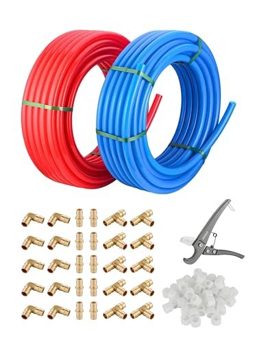 EFIELD 1/2-inch 2 x100 ft Pex-A Tubing/Pipe(All in One) Red & Blue 200 ft, 30 PCS 1/2" Brass Expansion pex Fittings- Elbow Tee Coupler (30 PCS), Expansion Rings (100 Pcs), Pipe Cutter,(XRB1960)