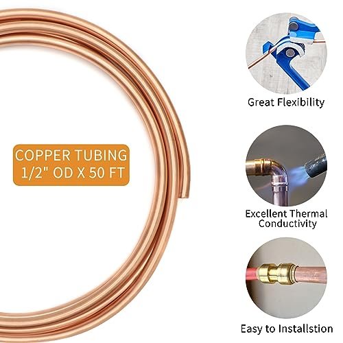 ELECTRAPICK Copper Tubing 1/2" OD x 7/16" ID x 50 Ft, T2 Pure Copper Tubes Soft Coil, Metal Round Seamless Pipe Tubing for Air Conditioning Refrigerator, Industry,DIY