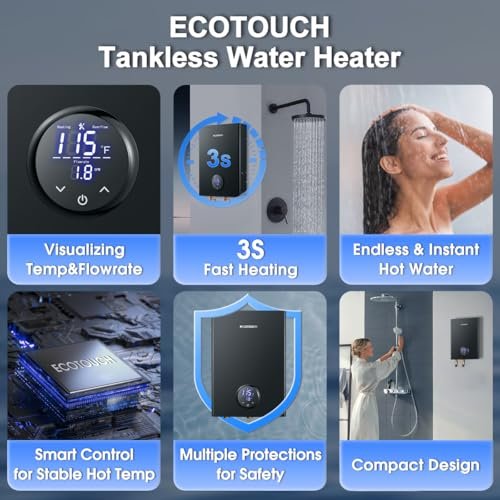 Electric Tankless Water Heater, ECOTOUCH 14kW Instant Hot Water Heaters on Demand 240V Point of Use Hot Water Heater ETL Certificated Self-Modulation ECO140B Black