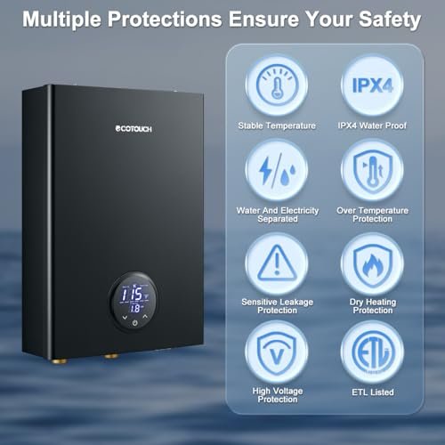 Electric Tankless Water Heater, ECOTOUCH 14kW Instant Hot Water Heaters on Demand 240V Point of Use Hot Water Heater ETL Certificated Self-Modulation ECO140B Black