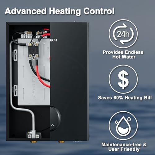 Electric Tankless Water Heater, ECOTOUCH 14kW Instant Hot Water Heaters on Demand 240V Point of Use Hot Water Heater ETL Certificated Self-Modulation ECO140B Black