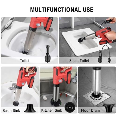 Electric Toilet Plunger With Dedicated Box, Plunger Toilet Can Only Take 2 Mins To Unclog Toilet,Bathroom,Floor Drain,Sewer,Pipe，RED,1 Battery