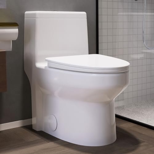Elongated One Piece Toilet, 12" Rough-In, Compact Design for Bathrooms, 1.1/1.6 GPF Dual Flush toilet, MAP 1000g, Soft-Closing Seat, White Toilet Bowl - 27.75"D x 15.4"W x 27.13"H