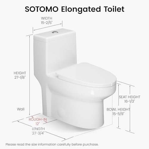 Elongated One Piece Toilet, 12" Rough-In, Compact Design for Bathrooms, 1.1/1.6 GPF Dual Flush toilet, MAP 1000g, Soft-Closing Seat, White Toilet Bowl - 27.75"D x 15.4"W x 27.13"H