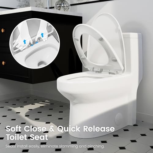 Elongated One Piece Toilet, 12" Rough-In, Compact Design for Bathrooms, 1.1/1.6 GPF Dual Flush toilet, MAP 1000g, Soft-Closing Seat, White Toilet Bowl - 27.75"D x 15.4"W x 27.13"H