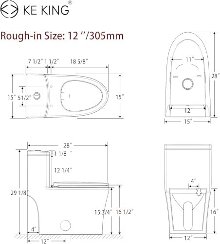 Elongated One-Piece Toilet, Full Skirt & Sleek Design, Dual Powerful Flush Toilet 0.8/1.28 GPF and MAP 1000g, Comfort Height Toilet, White, 12'' Rough-in