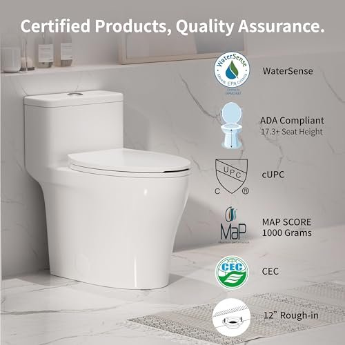Elongated One Piece Toilet with Comfort Chair Seat ADA Height 17.33", Powerful Dual Flush 0.8/1.28 GPF Compact Toilet, MAP 1000g, Standard White Toilet Bowl, 12'' Rough-in