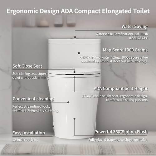 Elongated One Piece Toilet with Comfort Chair Seat ADA Height 17.33", Powerful Dual Flush 0.8/1.28 GPF Compact Toilet, MAP 1000g, Standard White Toilet Bowl, 12'' Rough-in