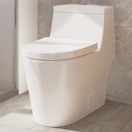 Elongated One Piece Toilet with Soft Closing Seat, 12'' Rough-In Modern Toilet for Bathrooms, 1.28 GPF Dual Flush, MAP 1000g, 28.4 x 15.5 x 26.6 Inches Standard White Toilet bowl