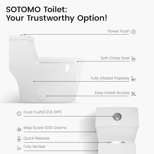 Elongated One Piece Toilet with Soft Closing Seat, 12'' Rough-In Modern Toilet for Bathrooms, 1.28 GPF Dual Flush, MAP 1000g, 28.4 x 15.5 x 26.6 Inches Standard White Toilet bowl