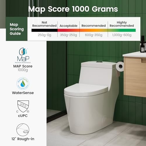 Elongated One Piece Toilet with Soft Closing Seat, 12'' Rough-In Modern Toilet for Bathrooms, 1.28 GPF Dual Flush, MAP 1000g, 28.4 x 15.5 x 26.6 Inches Standard White Toilet bowl