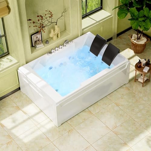 Empava 1125W Whirlpool Tub,72" x 48" Jetted Bathtub for 2 Person, Hydro Massage & Chromatherapy,ETL Certified,3 Sided Apron,Acrylic ,110 Gallons,Left Drain