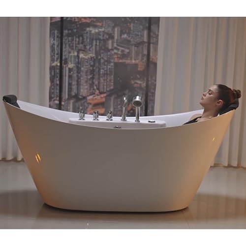 Empava 67" Freestanding Whirlpool Bathtub Oval with 8 Hydromassage Adjustable Water Jets Luxury Acrylic Massage SPA Soaking Bath Tub in White Double Ended