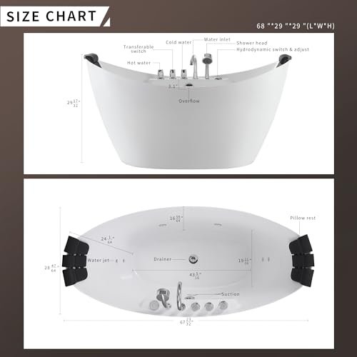 Empava 67" Freestanding Whirlpool Bathtub Oval with 8 Hydromassage Adjustable Water Jets Luxury Acrylic Massage SPA Soaking Bath Tub in White Double Ended