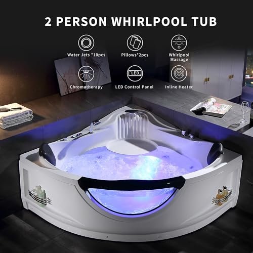 Empava Corner Whirlpool Bathtub with Heater,2 Person 59" Jetted Tub with Light,Spa Hydromassage with Chromatherapy,Acrylic,White, ETL Certified