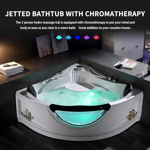 Empava Corner Whirlpool Bathtub with Heater,2 Person 59" Jetted Tub with Light,Spa Hydromassage with Chromatherapy,Acrylic,White, ETL Certified