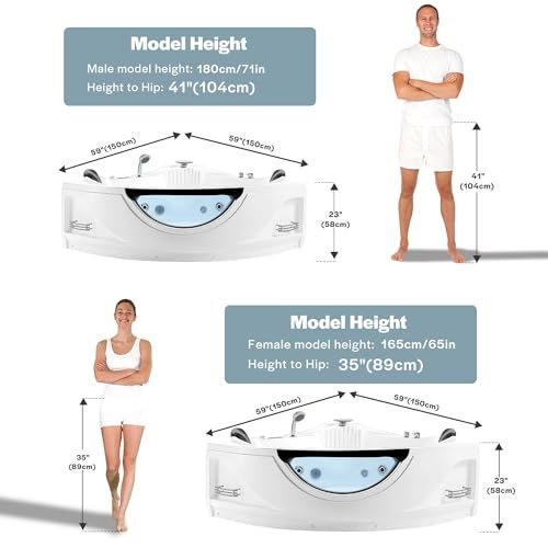 Empava Corner Whirlpool Bathtub with Heater,2 Person 59" Jetted Tub with Light,Spa Hydromassage with Chromatherapy,Acrylic,White, ETL Certified