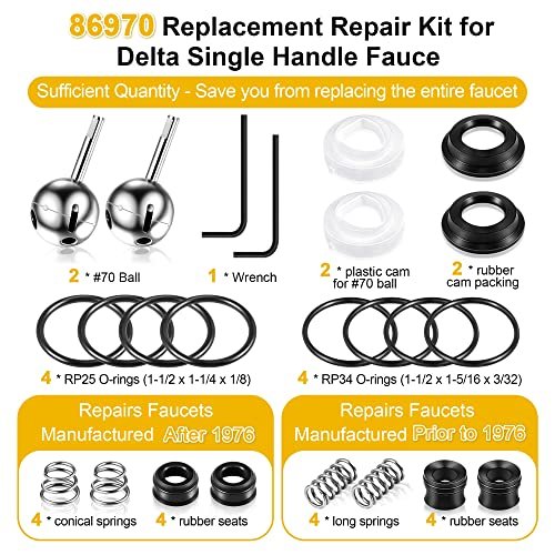 Enhon Kitchen Faucet Cartridge Repair Kit, Compatible with Delta/peerless Faucet 86970 Single Handle #70 Ball Valves and Lever Handles, Fix Dripping Faucets, Stainless Steel (2 Packs)