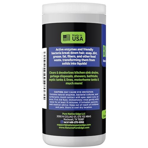 Enzyme Drain and Septic Cleaner and Friendly Bacteria Booster. Extra Large 2 lb. Deodorizes and Unclogs Pipes - Septic Tanks - RV Tanks-and More. No Caustic Chemicals! Dissolves Fats, Oil, and Grease.
