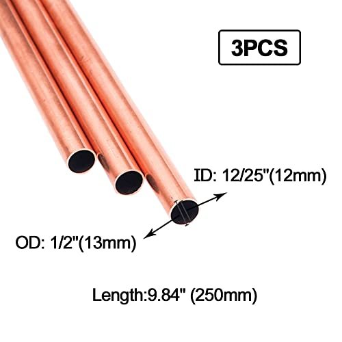 Eoiips Copper Round Tube 1/2”OD x 12/25”ID (12-13mm) Straight Copper Round Metal Pipe Tubing, 10" Length, 3pcs
