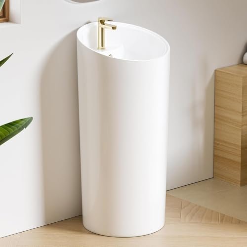 Eridanus Freestanding Pedestal Sink with Overflow, One Piece Modern Ceramic Pedestal Sinks, 18" L x 18" W x 38.25" H - Glossy White