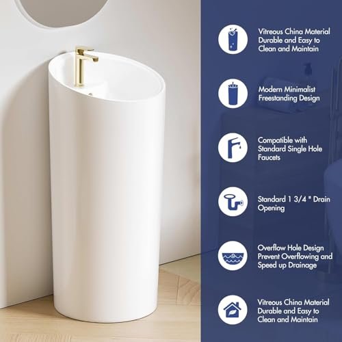 Eridanus Freestanding Pedestal Sink with Overflow, One Piece Modern Ceramic Pedestal Sinks, 18" L x 18" W x 38.25" H - Glossy White
