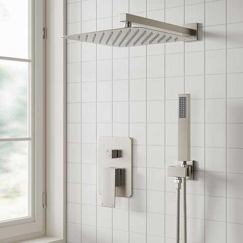 ESNBIA Shower System,10 Inches Shower Faucet Set with Pressure Balance Valve, Rain Shower Head with Handheld Spray Combo, Brushed Nickel