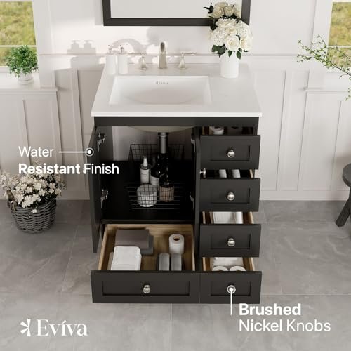 Eviva Acclaim 28 in. White Transitional Bathroom Vanity with Espresso Carrara Quartz Countertop and Undermount Porcelain Sink