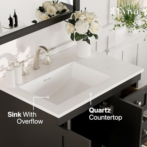 Eviva Acclaim 28 in. White Transitional Bathroom Vanity with Espresso Carrara Quartz Countertop and Undermount Porcelain Sink