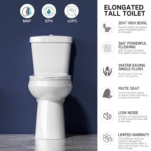 Extra Tall Toilet 21 Inch - Elongated High Toilet for Seniors, Comfort Bowl Height, Dual Flush 1.1/1.6 GPF, Two Piece, Floor Mounted, 12” Rough In, Glossy White, for Bathroom