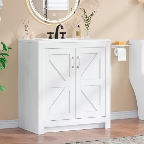 Farmhouse Bathroom Vanity with Sink, Freestanding Bathroom Vanities with Ceramic Basin & Soft-Close Door, Wood Storage Cabinet with Adjustable Shelf for Apartment & Small Space (White, 30")