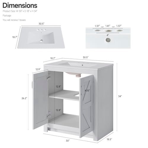 Farmhouse Bathroom Vanity with Sink, Freestanding Bathroom Vanities with Ceramic Basin & Soft-Close Door, Wood Storage Cabinet with Adjustable Shelf for Apartment & Small Space (White, 30")