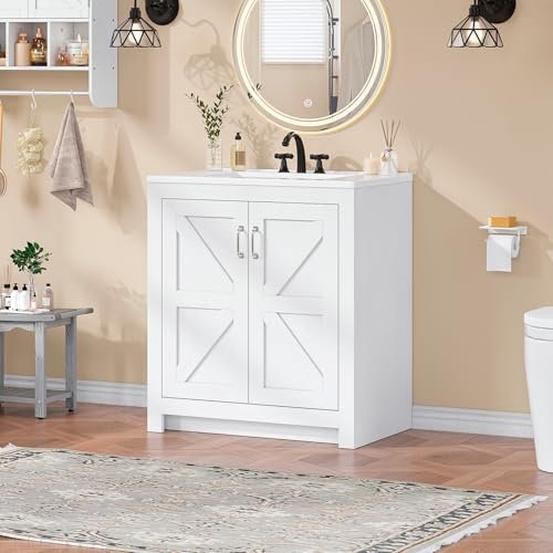 Farmhouse Bathroom Vanity with Sink, Freestanding Bathroom Vanities with Ceramic Basin & Soft-Close Door, Wood Storage Cabinet with Adjustable Shelf for Apartment & Small Space (White, 30")