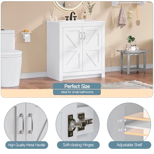 Farmhouse Bathroom Vanity with Sink, Freestanding Bathroom Vanities with Ceramic Basin & Soft-Close Door, Wood Storage Cabinet with Adjustable Shelf for Apartment & Small Space (White, 30")