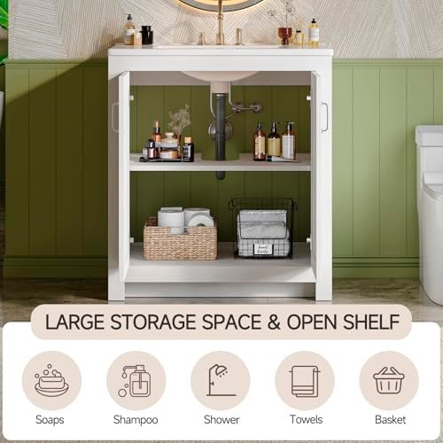 Farmhouse Bathroom Vanity with Sink, Freestanding Bathroom Vanities with Ceramic Basin & Soft-Close Door, Wood Storage Cabinet with Adjustable Shelf for Apartment & Small Space (White, 30")