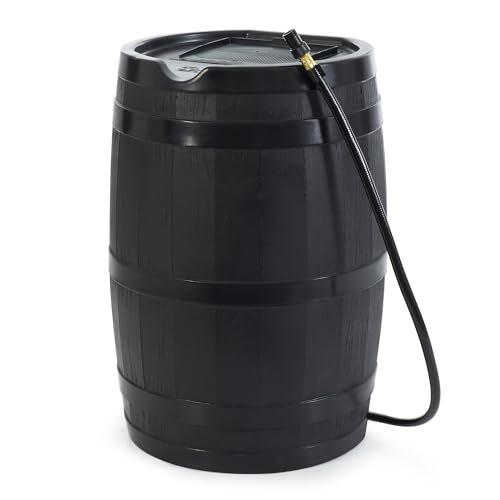 FCMP Outdoor 45 Gallon Heavy Duty Rain Water Catcher Barrel Container with Hose and Debris Screen for Outdoor Plants, Garden, and Landscapes (RC45-BLK) Black