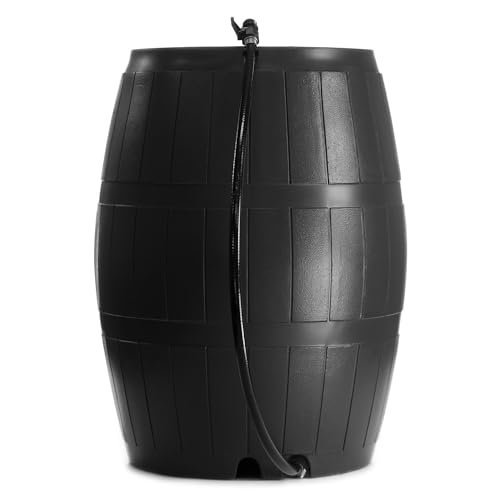FCMP Outdoor Raincatcher 4000, Flat-Back Rain Water Barrel, 50-Gallon, Black - Rainwater Collection Storage Container w Side Spigots, Mesh Screen, Garden and Overflow Hose & Linking Kit