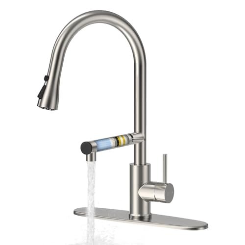 FEELSO Kitchen Faucets, Upgraded Filter Water Kitchen Faucet with Pull Down Sprayer, Brushed Nickel Stainless Steel High Arc 1 Or 3 Hole Kitchen Sink Faucet for Remove Chorine, Harmful Substances