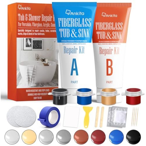 Fiberglass Tub Repair Kit(Color Match), Fiberglass Shower and Acrylic Bathtub Repair Kit for Scratches, Cracks, Chips, Holes on Porcelain, Enamel, Tubs, Tile, Sink, Fix Chipped Almond Fiberglass Tub