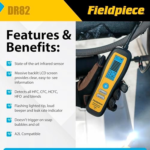 Fieldpiece - DR82 Infrared Refrigerant Leak Detector - Ultra-Sensitive Leak Sniffer with Large, Backlite LCD Screen - Lightweight HVAC Tool
