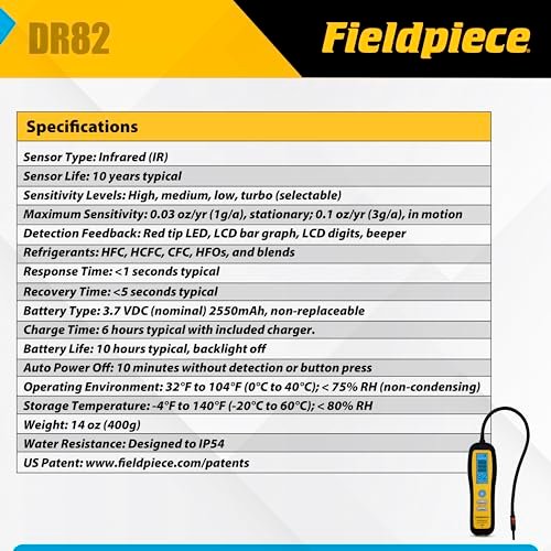 Fieldpiece - DR82 Infrared Refrigerant Leak Detector - Ultra-Sensitive Leak Sniffer with Large, Backlite LCD Screen - Lightweight HVAC Tool