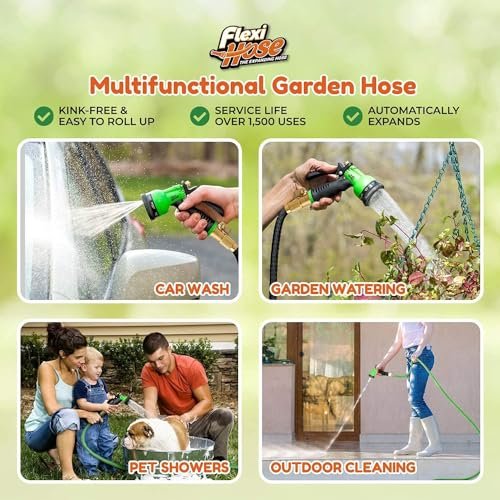 Flexi Hose with 8 Function Nozzle, 50FT - Lightweight Expandable Garden Hose, No-Kink Flexibility, 3/4 Inch Solid Brass Fittings and Double Latex Core