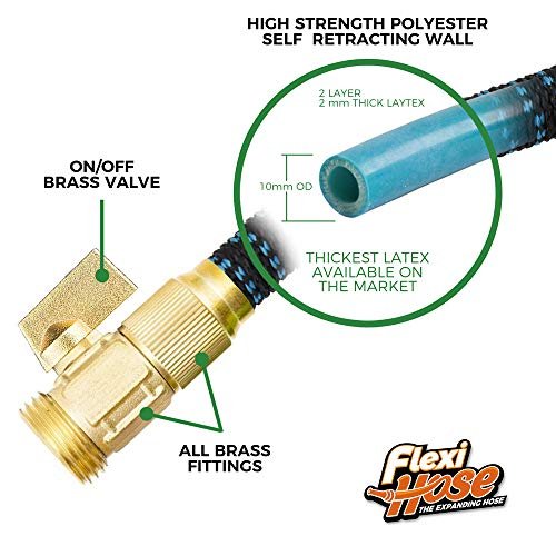 Flexi Hose with 8 Function Nozzle, 75FT - Lightweight Expandable Garden Hose, No-Kink Flexibility, 3/4 Inch Solid Brass Fittings and Double Latex Core