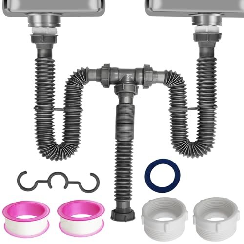 Flexible Expandable Double P-Trap Kit for 1 1/2" or 1 1/4" Double Bowl Sink Drain, Tube Pipes Kit Fit for Kitchen, Bathroom, Complete with Sealing Ring, Tape, and Tubing