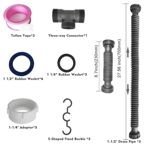 Flexible Expandable Double P-Trap Kit for 1 1/2" or 1 1/4" Double Bowl Sink Drain, Tube Pipes Kit Fit for Kitchen, Bathroom, Complete with Sealing Ring, Tape, and Tubing